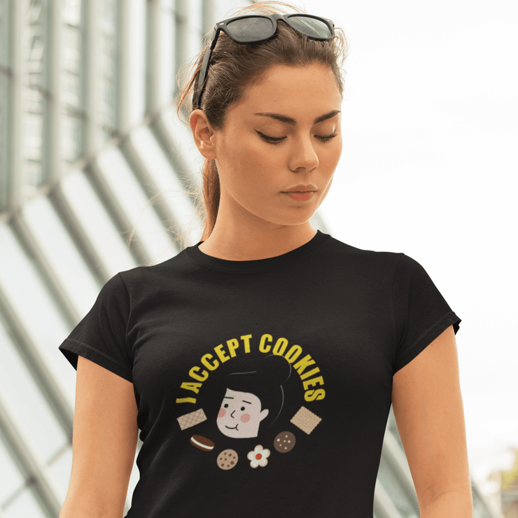 Printify T-Shirt "Accept Cookies" Black Custom T-Shirt for Women | Art by Dana Barlev