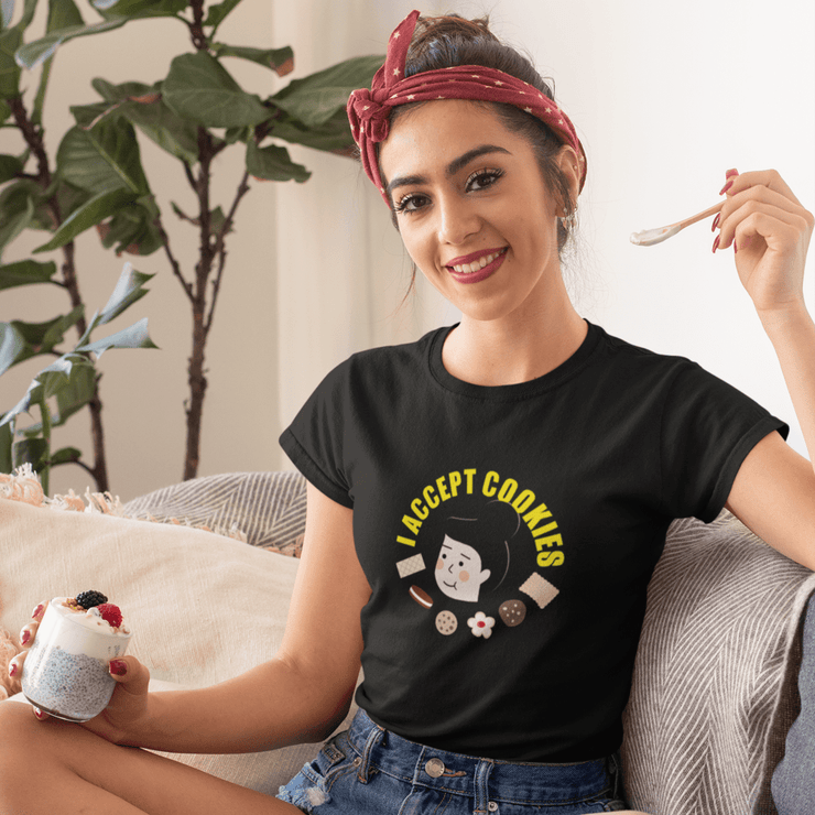 Printify T-Shirt "Accept Cookies" Black Custom T-Shirt for Women | Art by Dana Barlev